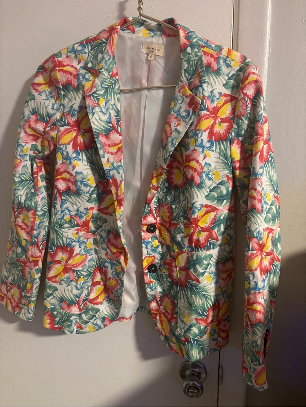Tea & Cup Floral Tropical Blazer Womens Small Hawaiian Print Jacket